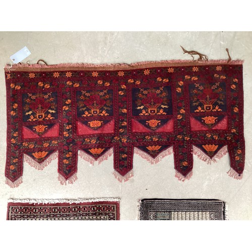 380 - Two small rugs and a shaped hanging/rug. (kurdish afghan hanger) All over wear to all. Rugs, 32 cm x... 