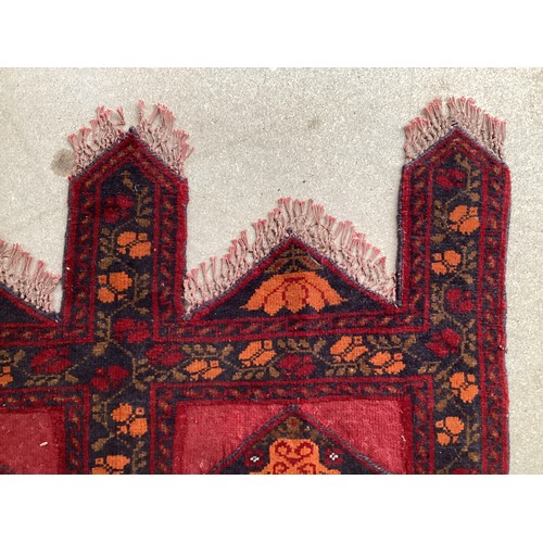 380 - Two small rugs and a shaped hanging/rug. (kurdish afghan hanger) All over wear to all. Rugs, 32 cm x... 