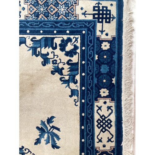 382 - An Oriental rug with cream ground and blue geometric patterns see photos for details, good condition... 