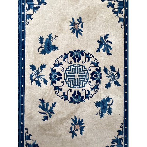 382 - An Oriental rug with cream ground and blue geometric patterns see photos for details, good condition... 