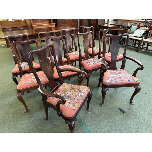 515 - A set of 10 good heavy matching dining chairs ( 8+2), with floral tapestry seats, some restoration o... 