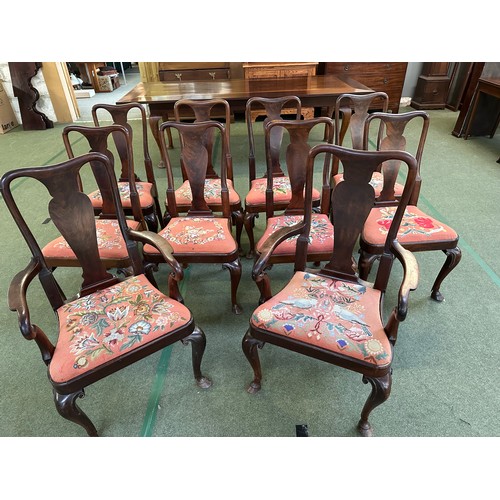 515 - A set of 10 good heavy matching dining chairs ( 8+2), with floral tapestry seats, some restoration o... 