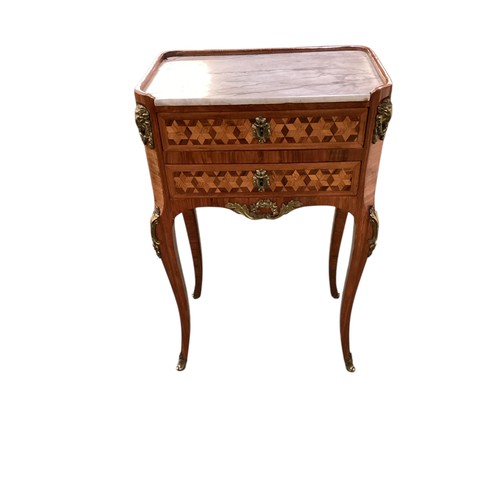 502 - A Louis XV Marquetry style two drawer side table with marble top and ormolu mounts, 68 cm H x 27 cm ... 