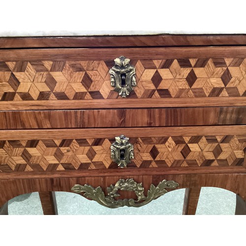 502 - A Louis XV Marquetry style two drawer side table with marble top and ormolu mounts, 68 cm H x 27 cm ... 