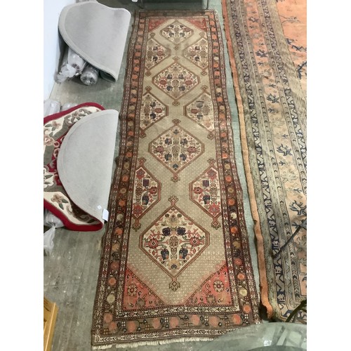 347 - Two rugs, long runner 104cm x 370cm - general wear, hole and fraying to edges, see images; other 157... 