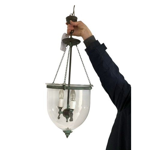 177 - A good contemporary ceiling light - as a  bell jar hanging lantern, with green verde gris style iron... 