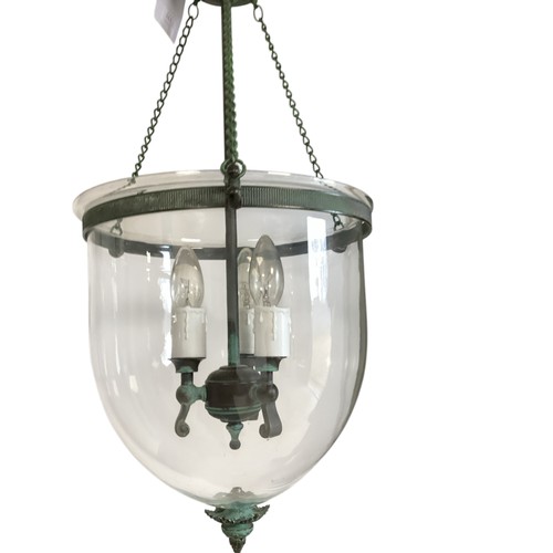 177 - A good contemporary ceiling light - as a  bell jar hanging lantern, with green verde gris style iron... 