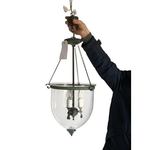 177 - A good contemporary ceiling light - as a  bell jar hanging lantern, with green verde gris style iron... 