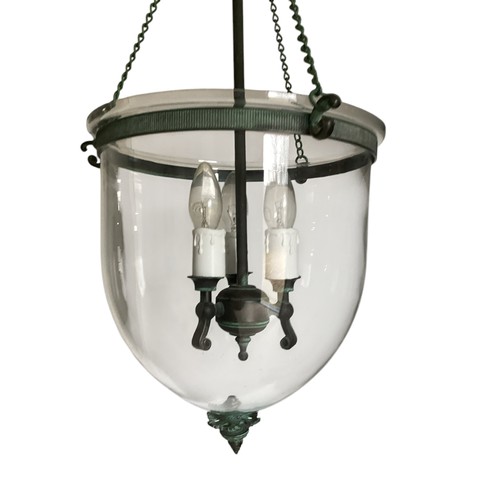 177 - A good contemporary ceiling light - as a  bell jar hanging lantern, with green verde gris style iron... 