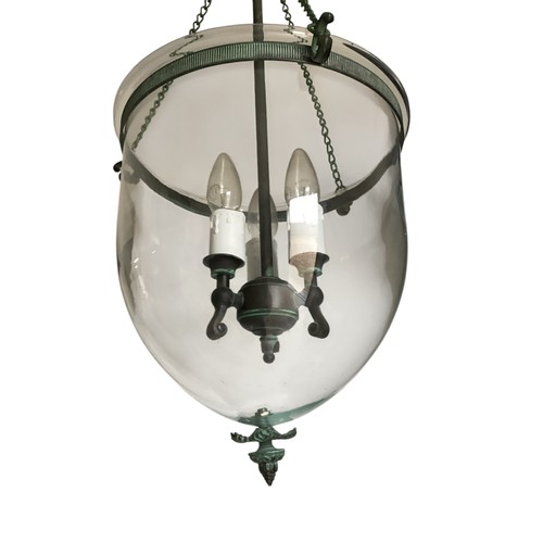 177 - A good contemporary ceiling light - as a  bell jar hanging lantern, with green verde gris style iron... 