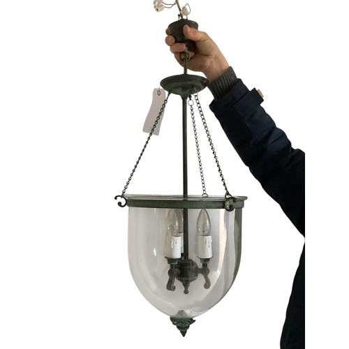 177 - A good contemporary ceiling light - as a  bell jar hanging lantern, with green verde gris style iron... 