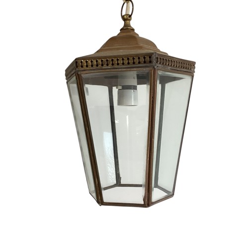 178 - A hexagonal hanging brass ang glass hall lantern lantern 32cm height