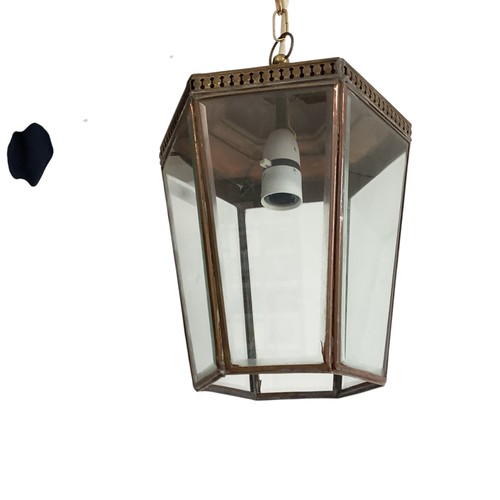 178 - A hexagonal hanging brass ang glass hall lantern lantern 32cm height