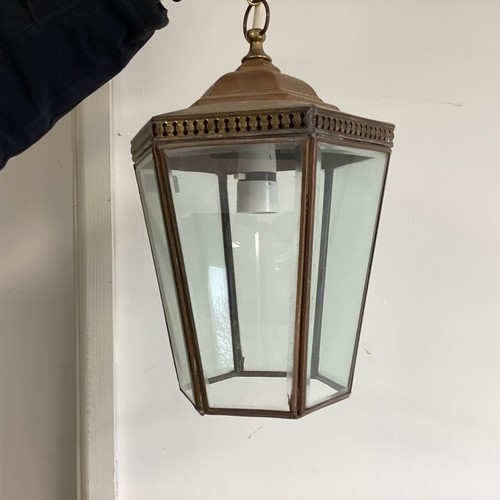 178 - A hexagonal hanging brass ang glass hall lantern lantern 32cm height