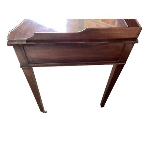 577 - A mahogany concave fronted two drawers serving table, 124cm w x 58cm d x 88cm h