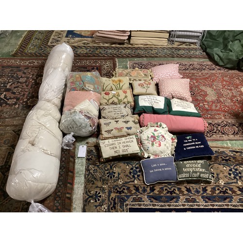 158 - A quantity of cushions, including needlepoint tapestry and fun slogans pillows and cushions, cushion... 