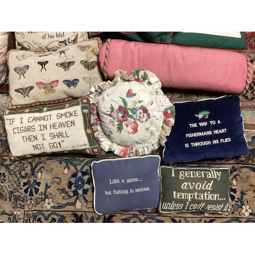 158 - A quantity of cushions, including needlepoint tapestry and fun slogans pillows and cushions, cushion... 