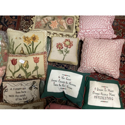 158 - A quantity of cushions, including needlepoint tapestry and fun slogans pillows and cushions, cushion... 