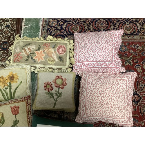 158 - A quantity of cushions, including needlepoint tapestry and fun slogans pillows and cushions, cushion... 