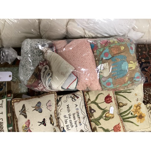 158 - A quantity of cushions, including needlepoint tapestry and fun slogans pillows and cushions, cushion... 