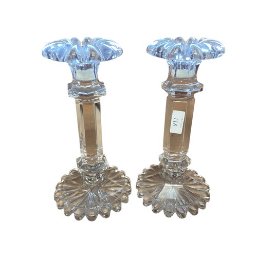 118 - A pair of good heavy glass column candlesticks , approx 24cm High, small chips to the base