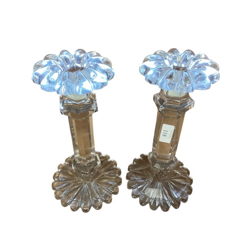 118 - A pair of good heavy glass column candlesticks , approx 24cm High, small chips to the base