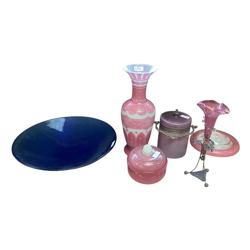 114 - A large blue ribbed glass open footed bowl, and quantity of pink decorative glass ware to include a ... 