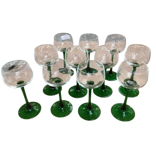 113 - A set of green and clear coloured hock glasses, and a set of C19th Green Roemers goblets with ribbed... 