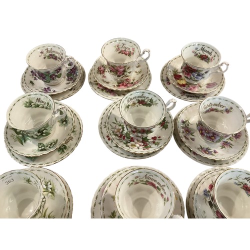 263 - A set of Royal Albert Bone china cups, saucers and plates, illustrated with a month for each set