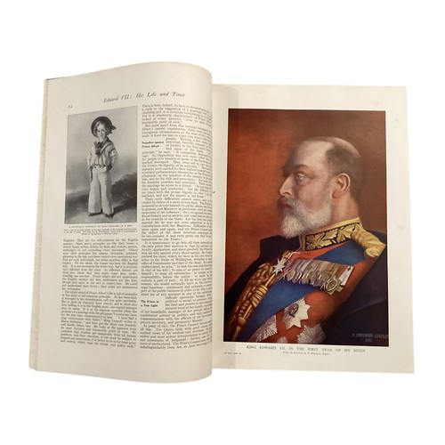 264 - Two leather and velum bound books, Edward VII His Life and times, 1910, 1911. some damp and wear to ... 