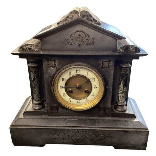 270 - A heavy black slate and marble mantle clock