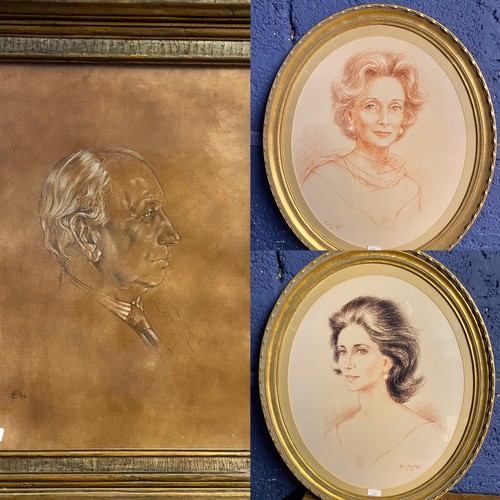 402 - Three portraits, cleared from the Drawing Room at 86 Eaton Square, to include two pencil drawings si... 