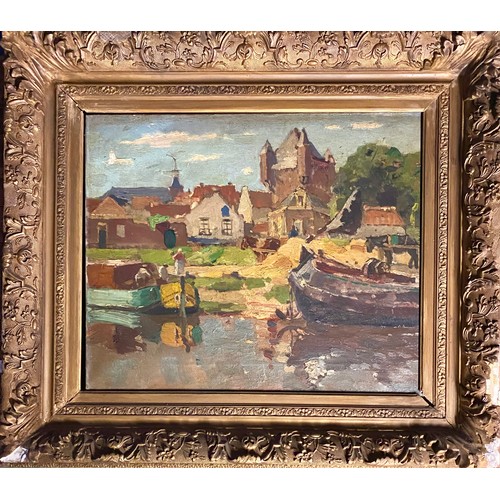 405 - Oil on canvas, Dutch Canal scene, 48cm x 58cm. Wear to frame and canvas