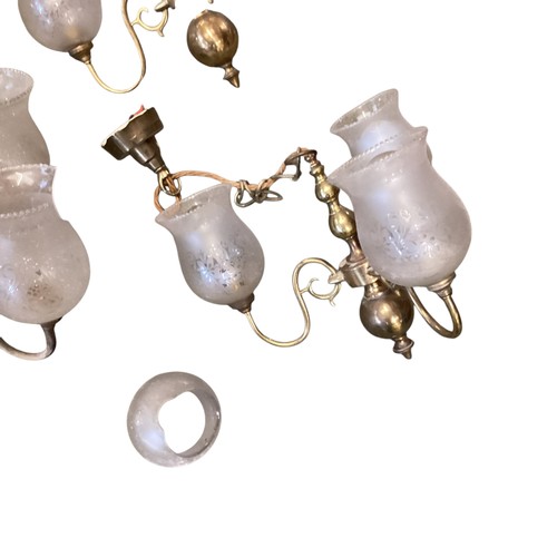 153 - A quantity of lighting to include brass five branch chandeliers  with etched shades