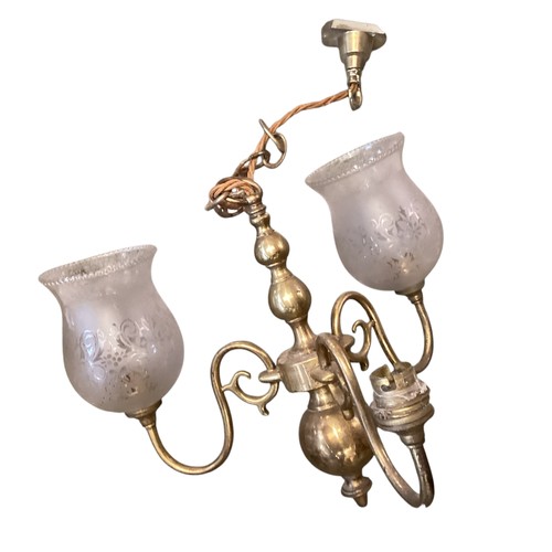 153 - A quantity of lighting to include brass five branch chandeliers  with etched shades