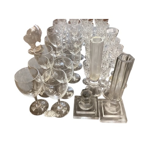 162 - A quantity of glassware to include cut glass wine goblets, decanter, etc, all as found