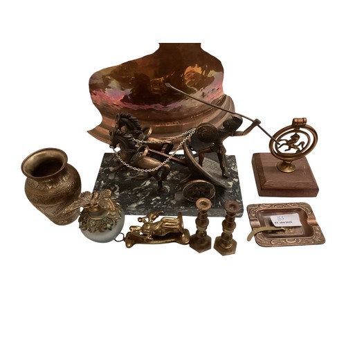 163 - A quantity of brass and copper wares, to include coal scuttles, candlesticks, large teapots, chestnu... 