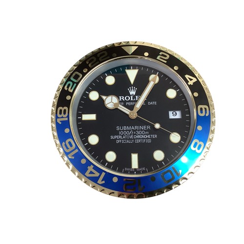 82 - Rolex inspired replica wall clock, Submariner style, black face, black and blue bezel. Condition as ... 