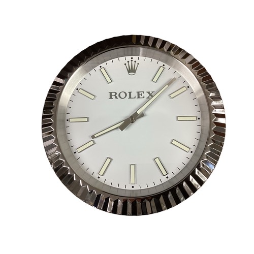 85 - Rolex inspired replica wall clock, white face, silver bezel. Condition as new, no guarantees as to w... 