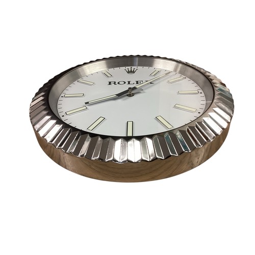 85 - Rolex inspired replica wall clock, white face, silver bezel. Condition as new, no guarantees as to w... 