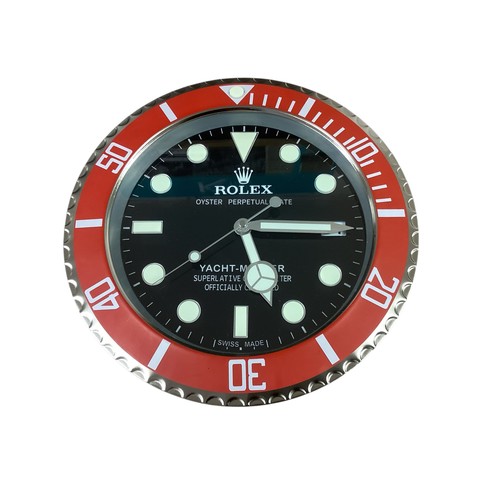 86 - Rolex inspired replica wall clock, Yacht-Master style, black face, red bezel. Condition as new, no g... 