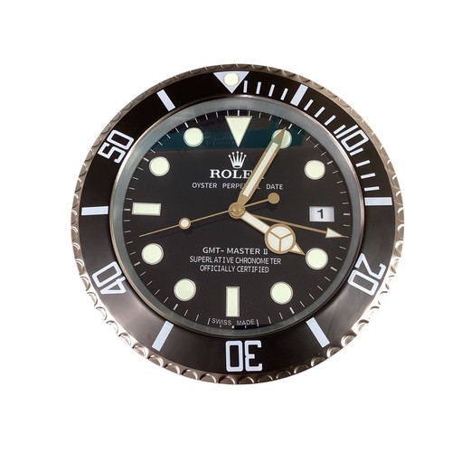 87 - Rolex inspired replica wall clock, GMT Mater II style, black face, black and white bezel. Condition ... 