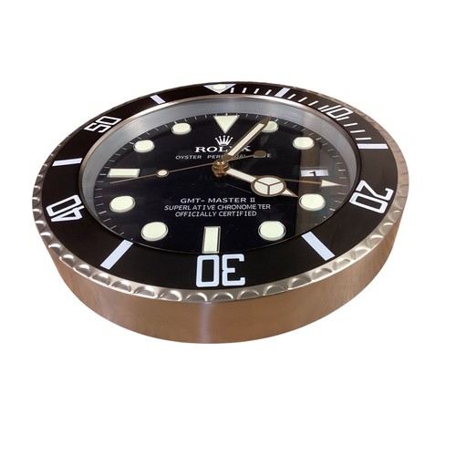 87 - Rolex inspired replica wall clock, GMT Mater II style, black face, black and white bezel. Condition ... 