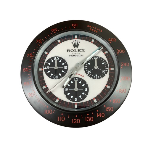 88 - Rolex inspired replica wall clock, Daytona style, cream face, black and red bezel. Condition as new,... 