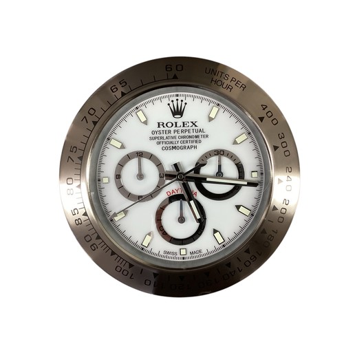 90 - Rolex inspired replica wall clock, Daytona style, white face, silver bezel. Condition as new, no gua... 