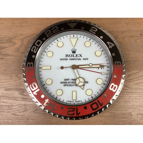 91 - Rolex inspired replica wall clock, GMT Master II style, white face, black and red bezel. Condition a... 