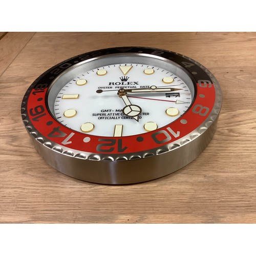 91 - Rolex inspired replica wall clock, GMT Master II style, white face, black and red bezel. Condition a... 