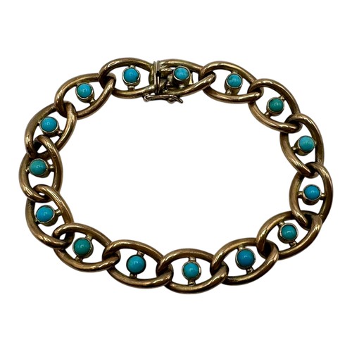 7 - A 9ct rose gold chain link bracelet with turquoise inserts, 14.6 grams