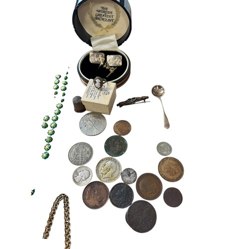 57 - A mixed miscalleaneous clearance lot of coins, a small cameo style ring and a heart brooch,  bicycle... 