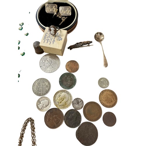 57 - A mixed miscalleaneous clearance lot of coins, a small cameo style ring and a heart brooch,  bicycle... 